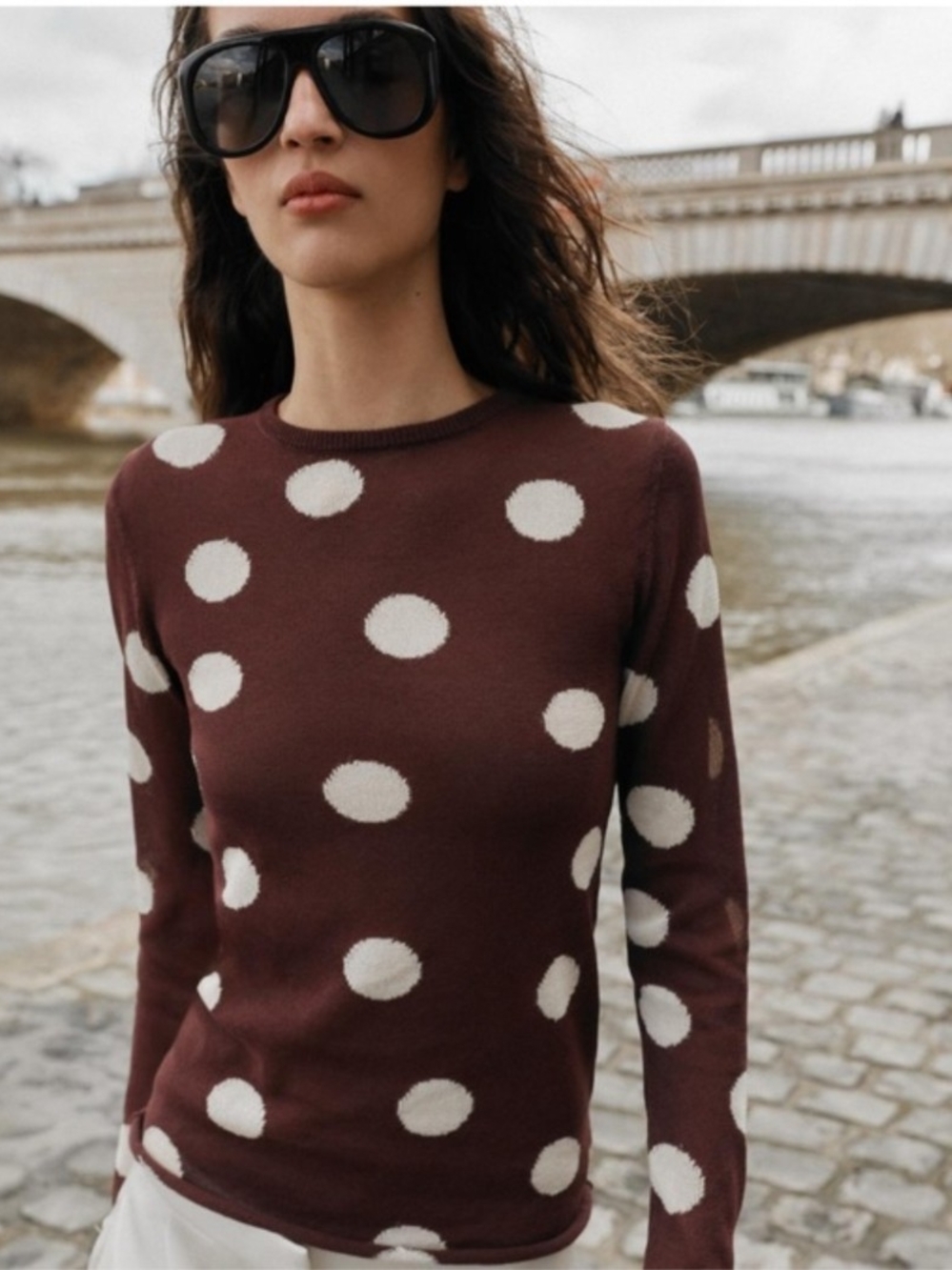 Zara Brown Polka Dot Long Sleeve Top - White Dots